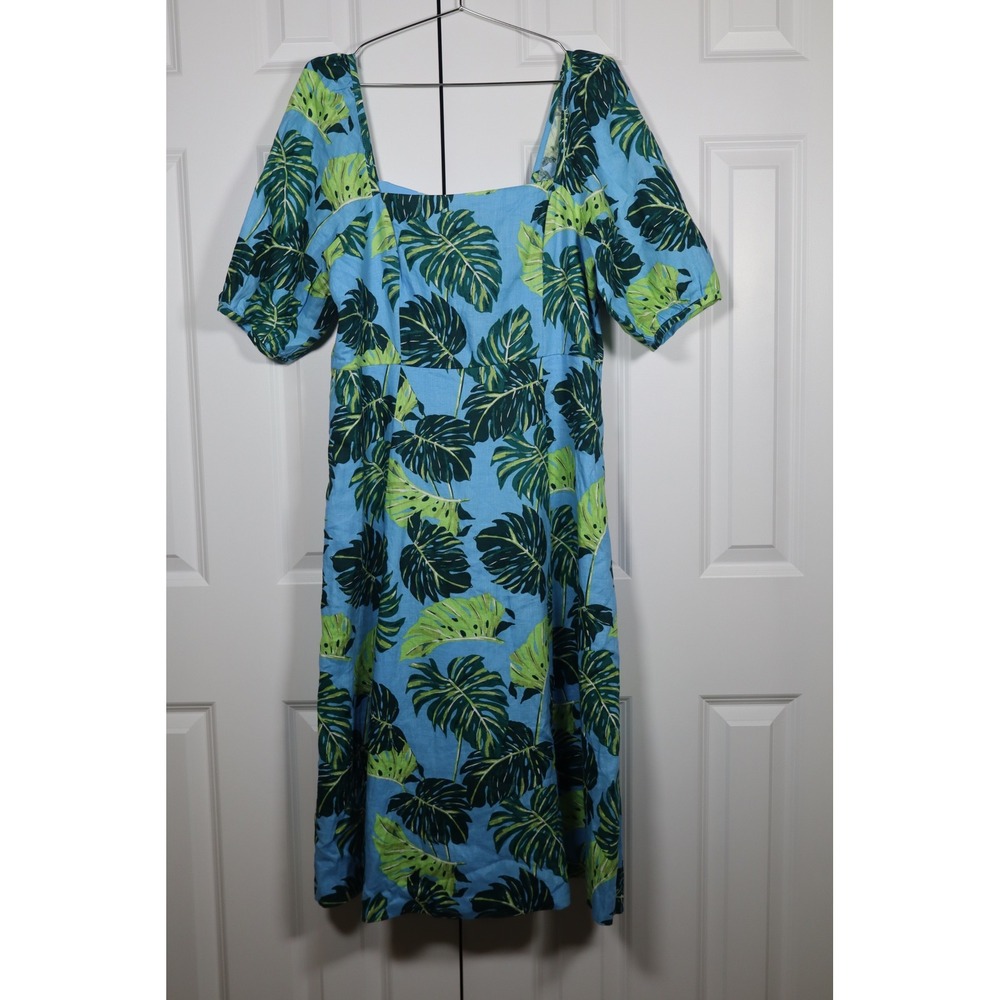 Draper James Blue Green Monstera Leaf Print Linen Midi Dress Square Neck NWT 12